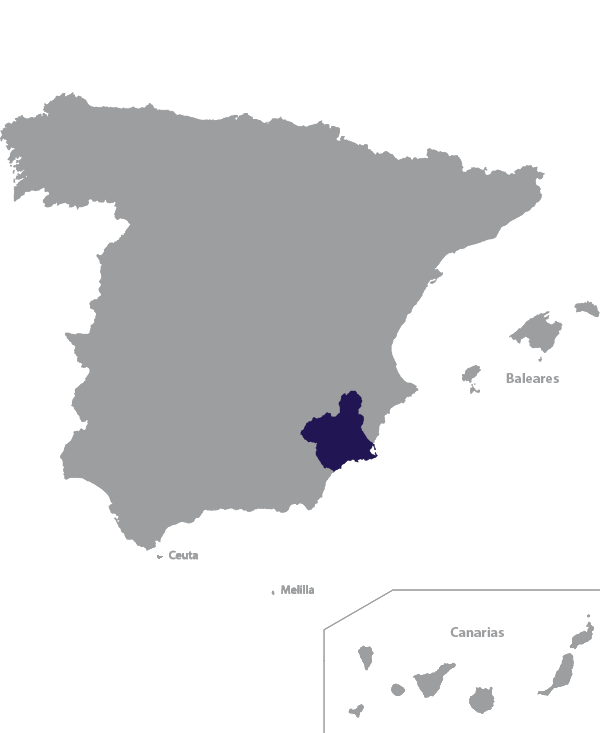 Landkaart Spanje grijs met regio Murcia donkerblauw op transparante achtergrond - 600 * 733 pixels